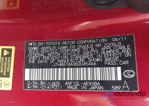 2011 Lexus Hs 250H from USA, damaged, VIN JTHBB1BAXB2045466